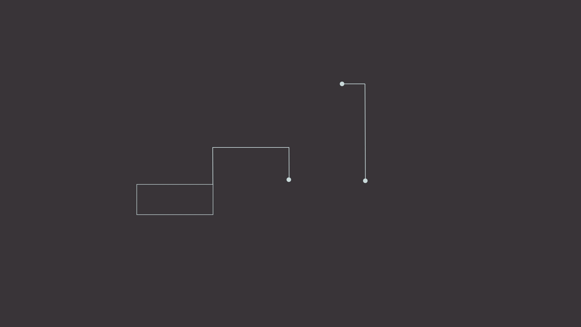 Design styleframe of three small circles drawing lines on a dark background. The lines converge to form the silhouette of a staircase.