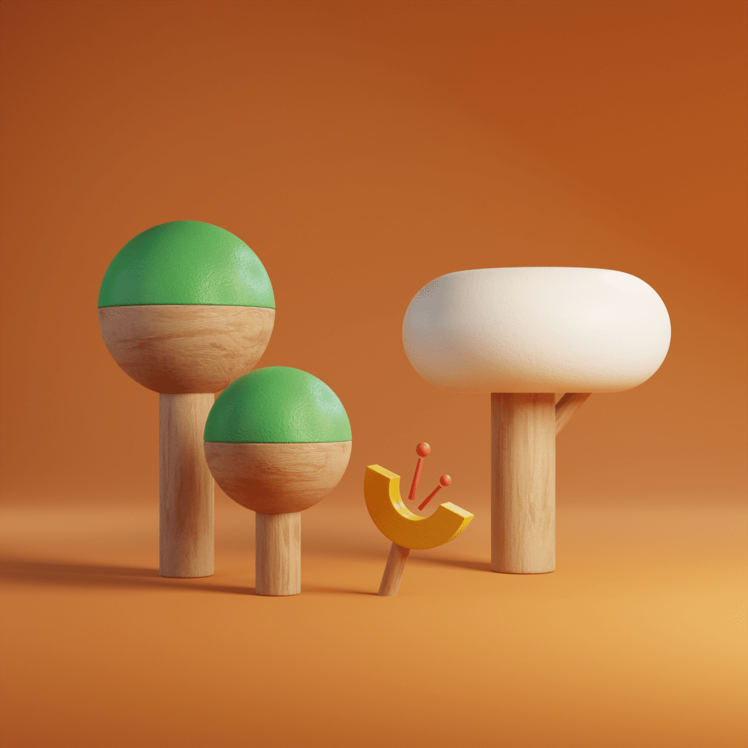 3D illustration of several abstract trees and a plant in a geometric style