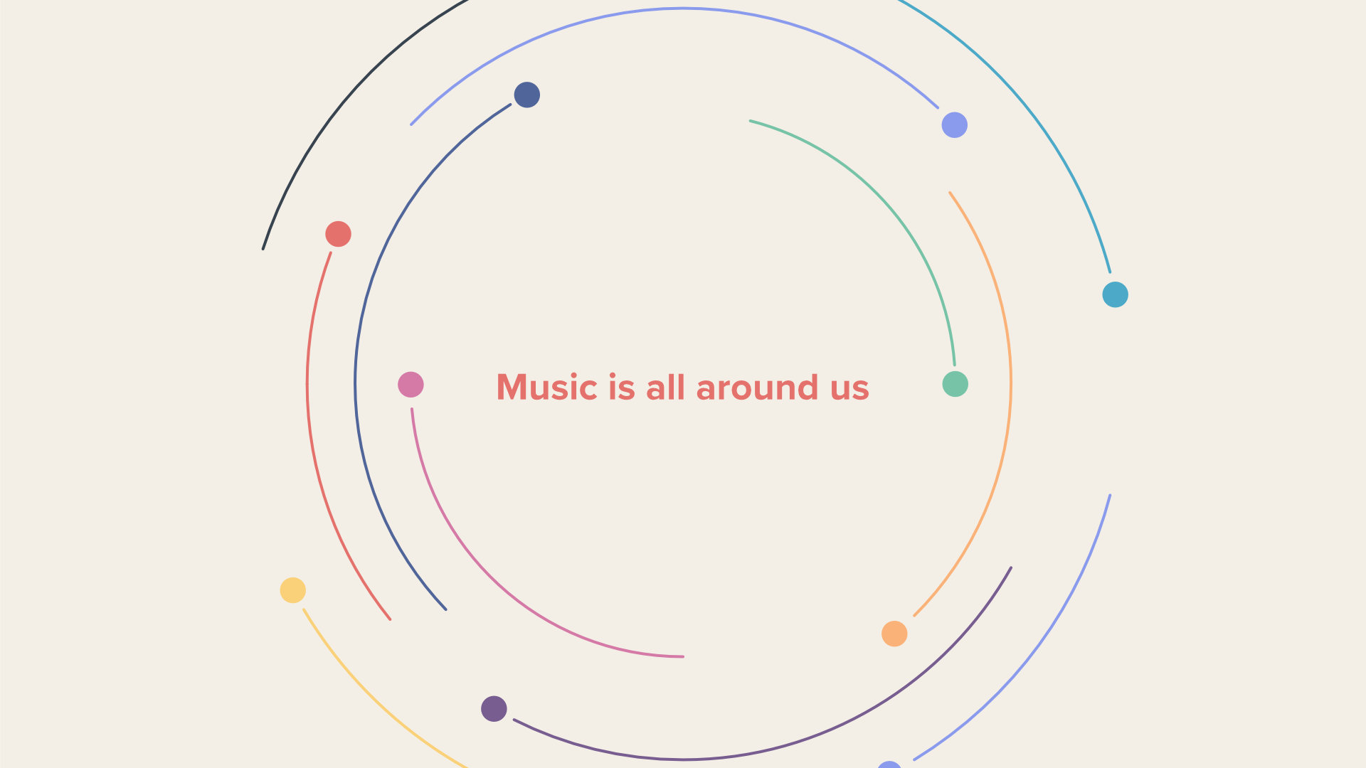 Design styleframe of several coloured circles rotating around the text
