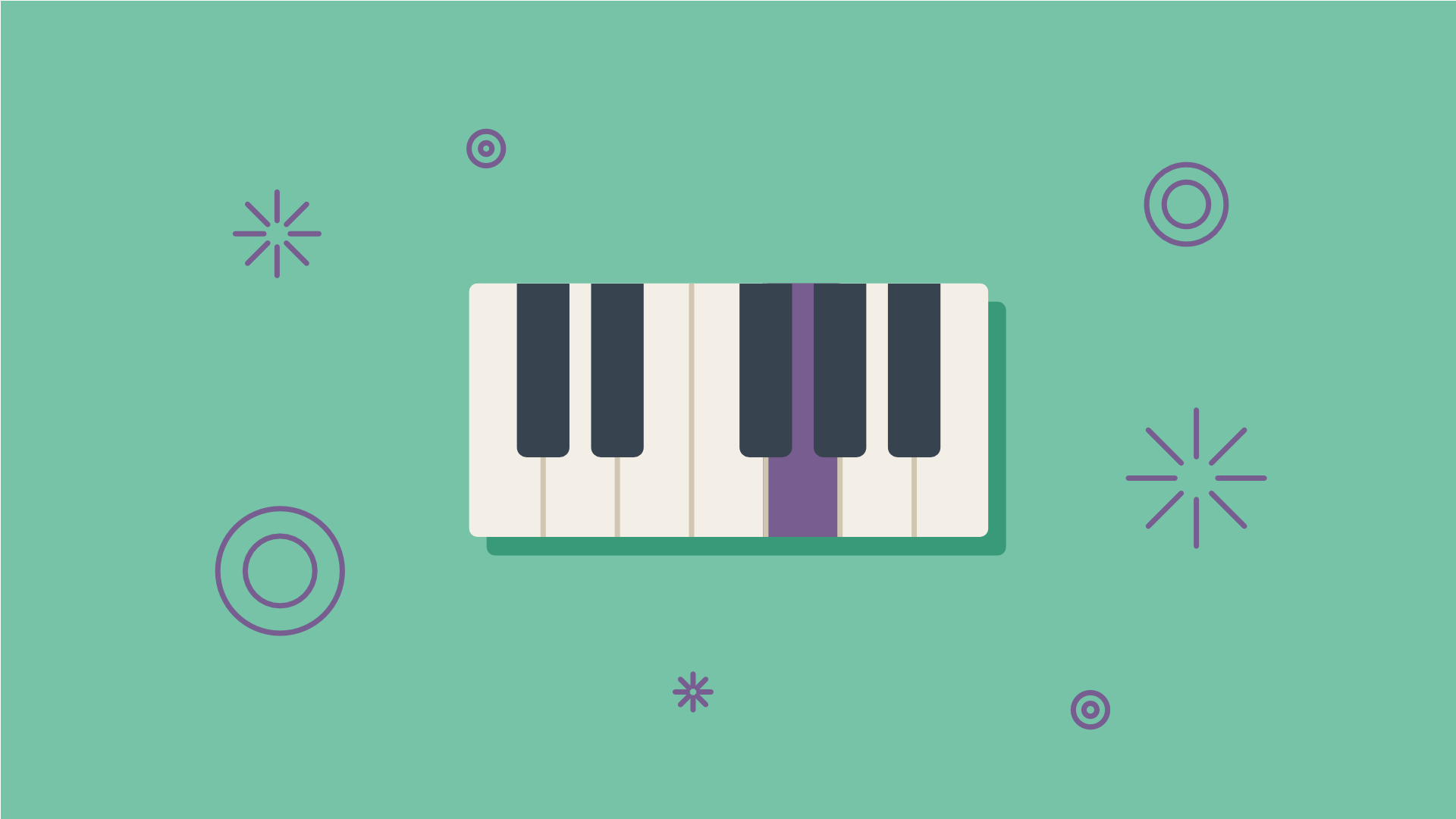 Illustration of a piano keyboard. The G key is highlighted, and several geometric shapes are bursting around it.