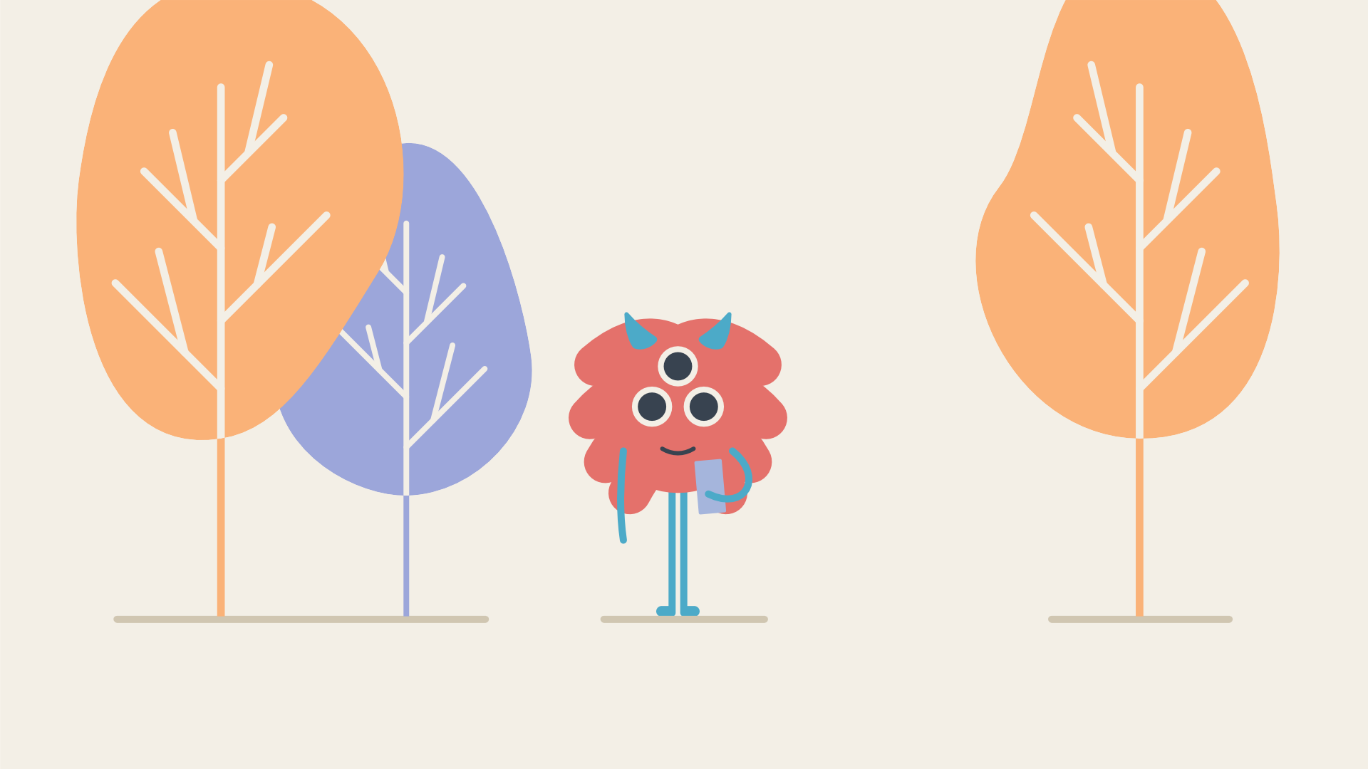 Illustration of a monster holding a phone in a park, surrounded by trees.