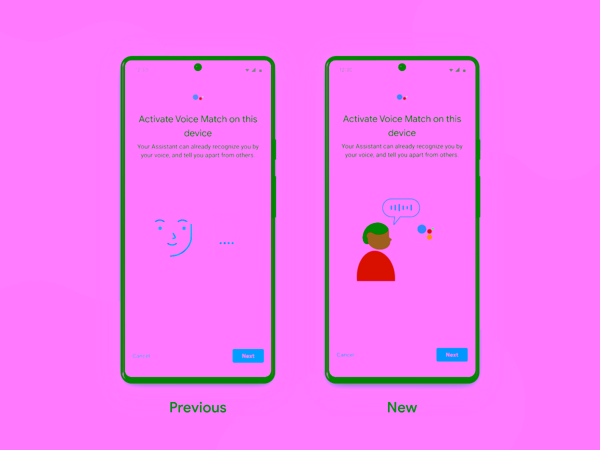 Two Pixel devices side by side. The device on the left shows the previous design, which features an outline illustration of a face next to a mobile device. The new design on the right features a flat, vector illustration of a character with speech bubbles representing their voice and Google Assistant's response.